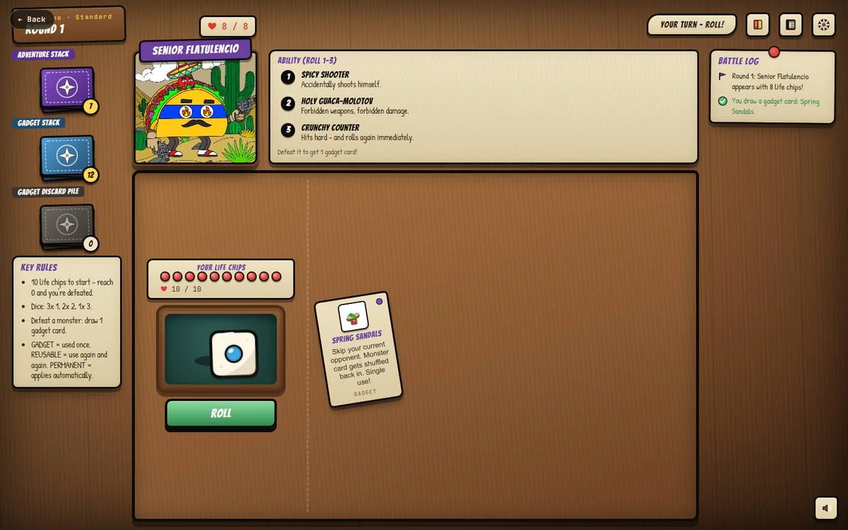 A fight in the browser demo: Señor Flatulencio against you, with the die and a gadget card
