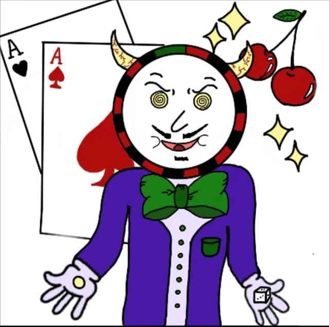 The Trader, C4YOS Land's shady merchant, with two aces and a die